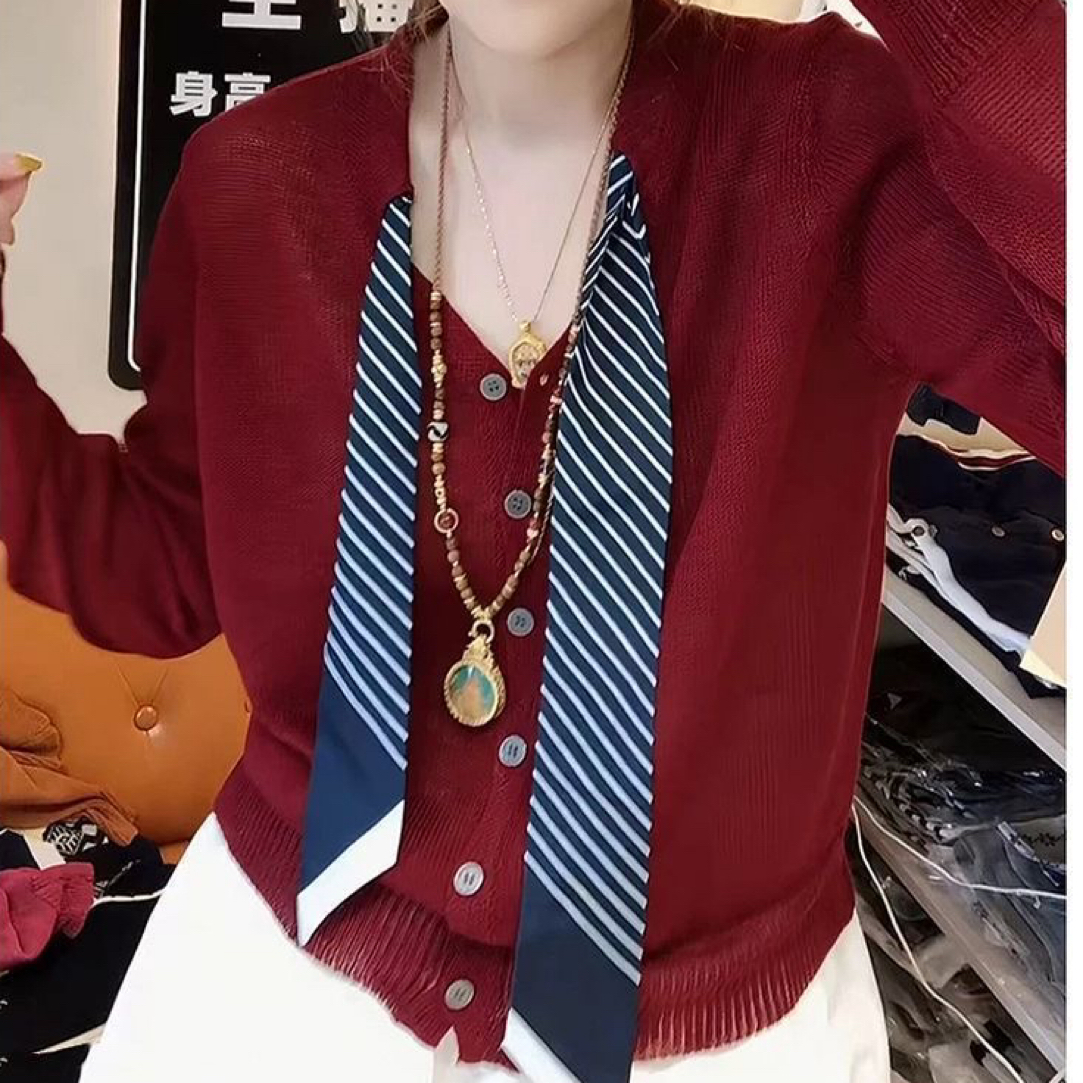 针织慵懒风长袖秋季毛针织衫条纹开衫网红红色