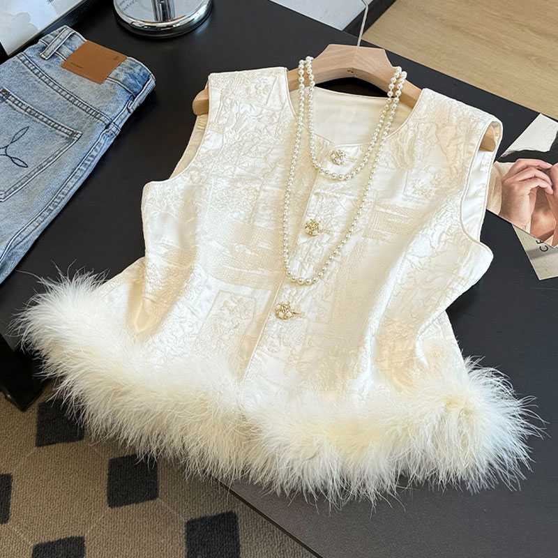 轻奢新中式国风高级感拼接毛毛夹棉马甲2025秋冬新款洋气上衣女