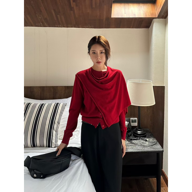 ELESISSI十三行2025秋季新款设计感小众围巾领宽松显瘦毛衣上衣女
