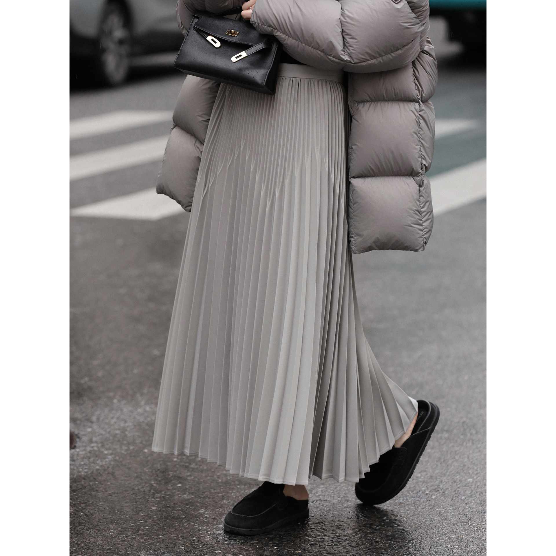 夏诗文 斜纹宽松A型百褶半身裙女冬气质百搭设计感飘逸中长裙汉服