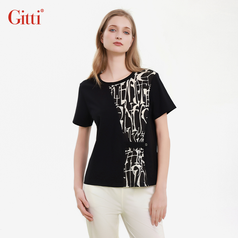 Gitti/吉蒂2025夏季新款拼花色撞布短袖显瘦棉感大码T恤女G251745