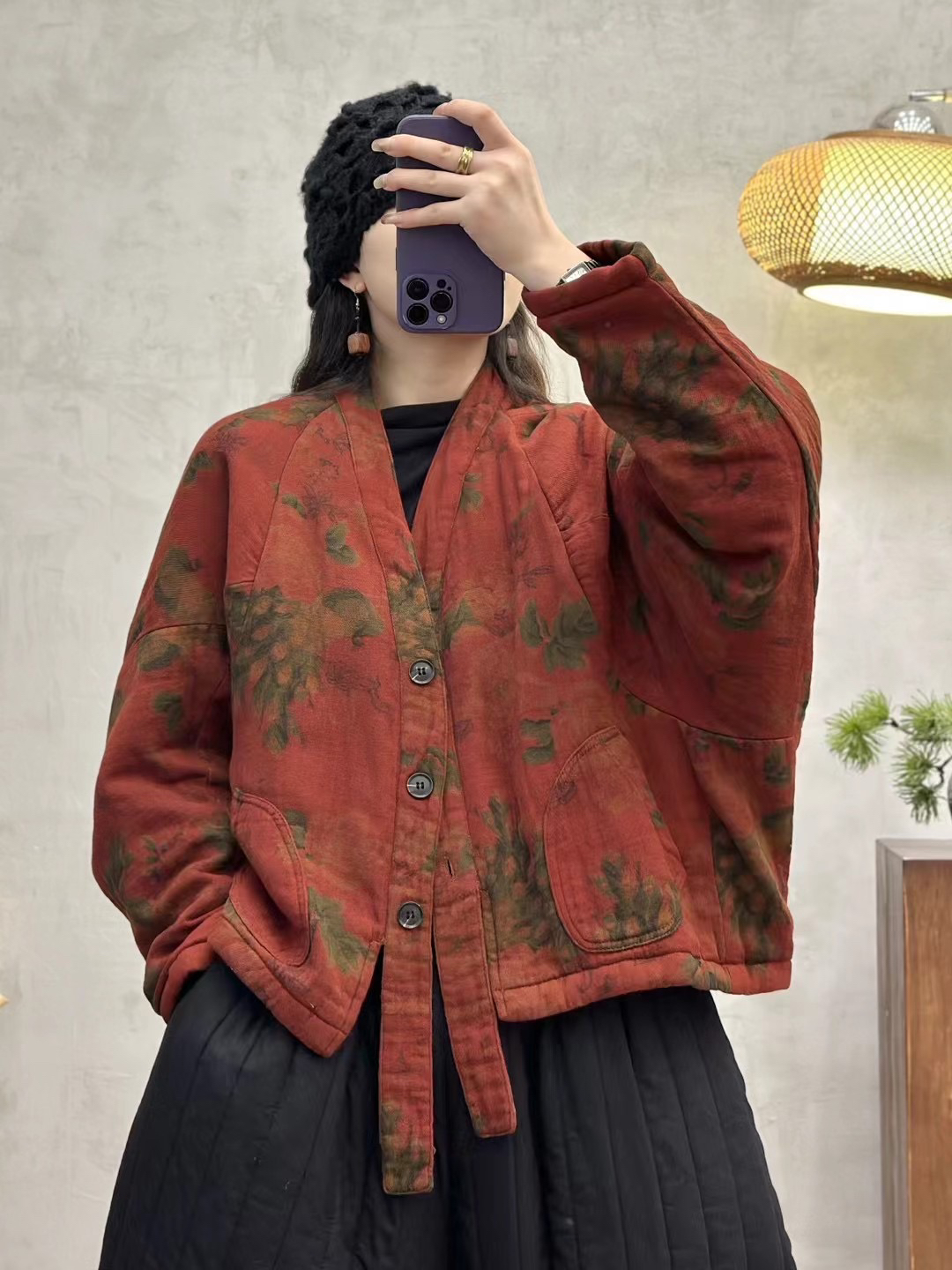 18冬季新款斜纹麻复古花色洋气棉服