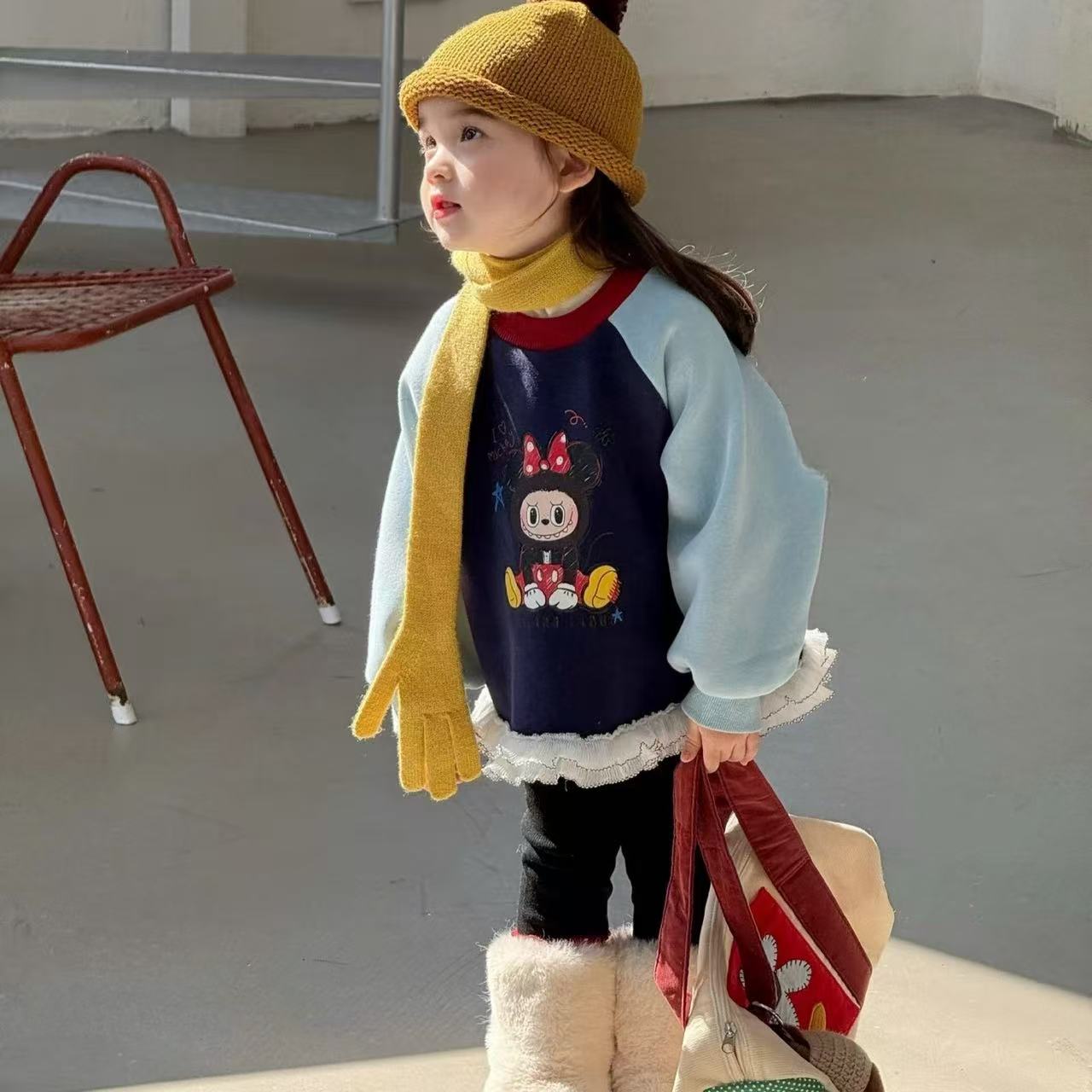 秋冬新女童韩系加绒卡通拉布布印花长款卫衣打底裤套装