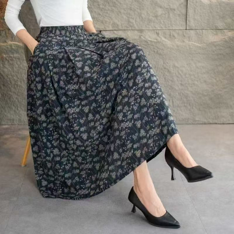 88蓝色小花棉麻半身裙