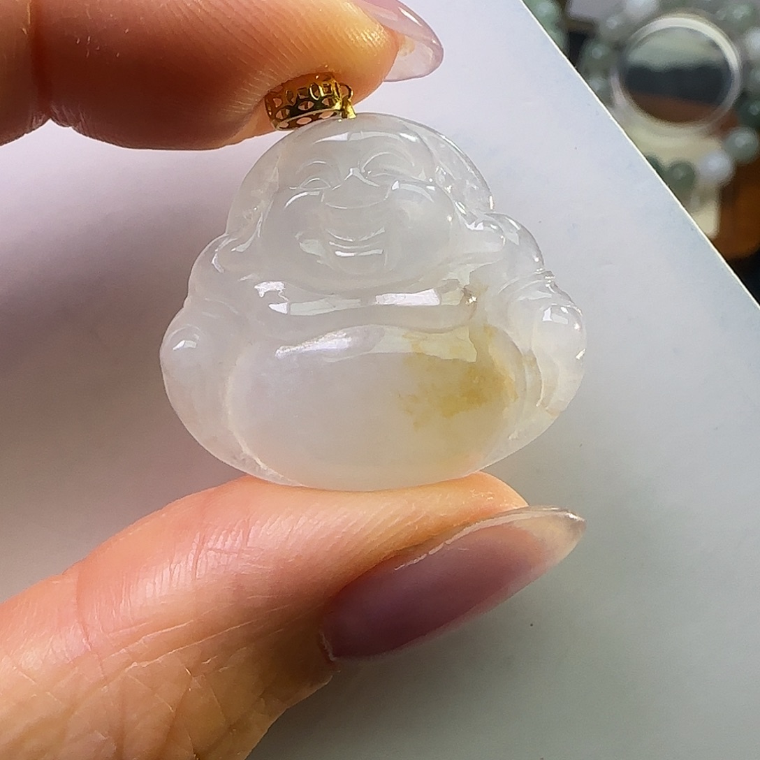 翡翠18K金镶嵌颈饰天然缅料A货 肚里藏金佛公