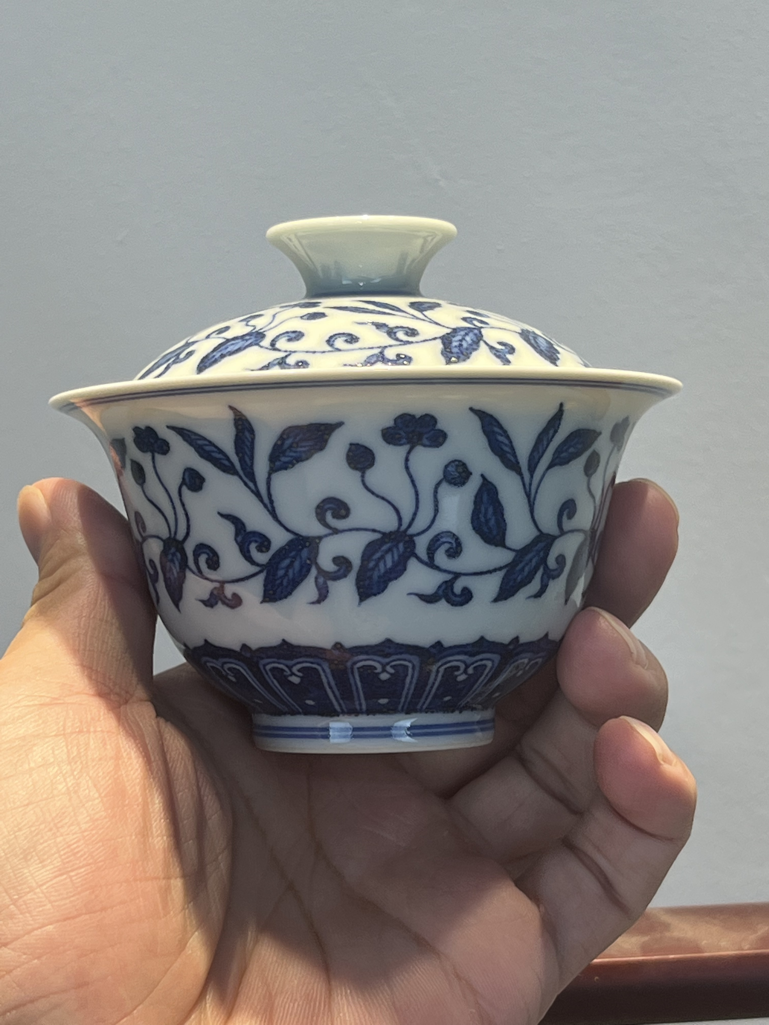 柴窑青花缠枝莲二才盖碗高档功夫茶具家用青花瓷花纹