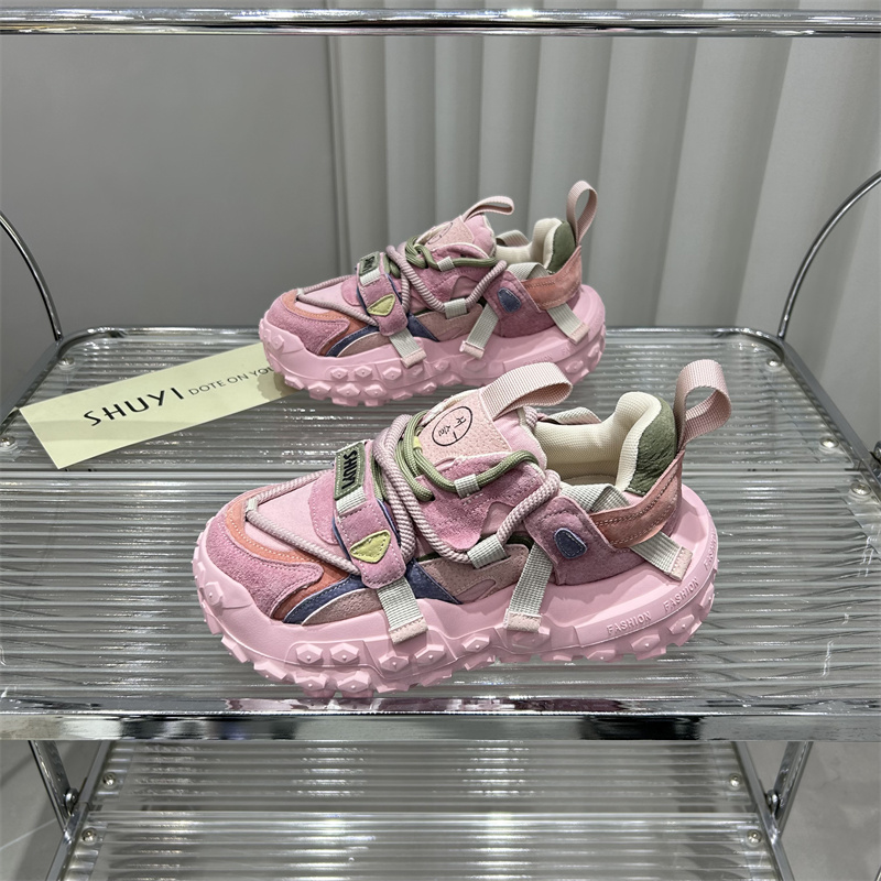 欧洲站2025年新款松糕厚底休闲鞋真皮拼色韩版百搭运动老爹鞋女潮