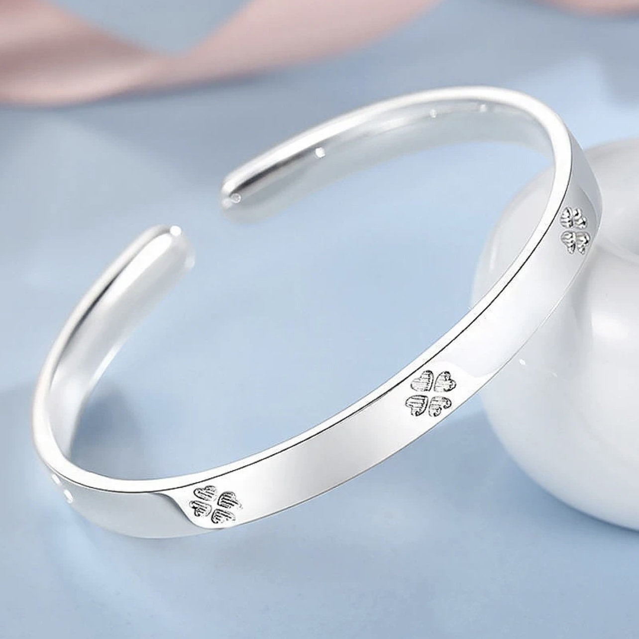 足银手镯 足银999.9 素款精美幸运草开口实心简约经典时尚百搭