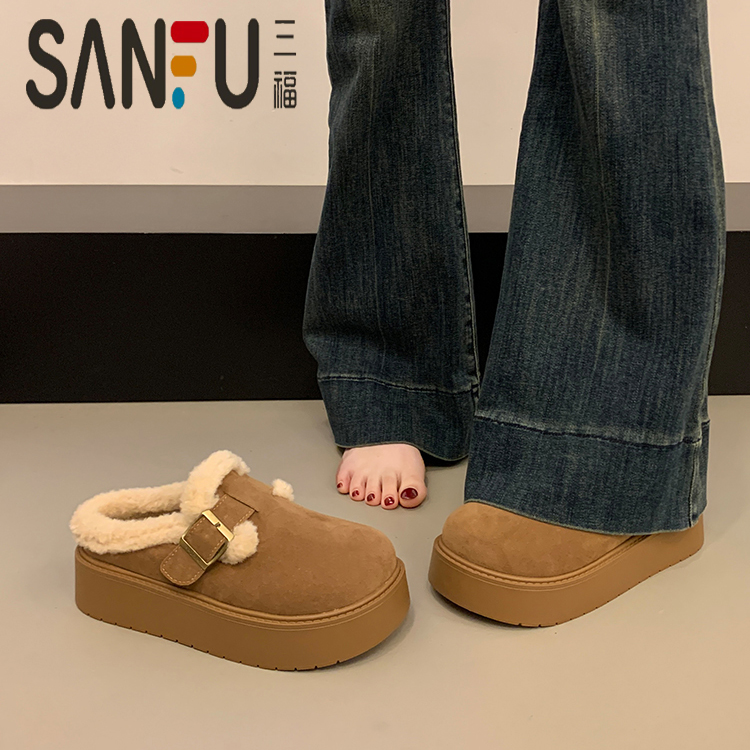三福厚底加绒毛毛勃肯鞋包头半拖女款2025新款一脚蹬加绒保暖棉拖