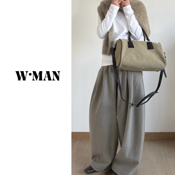 W·MAN“慵懒风”磨毛立体打褶弧形设计显瘦休闲裤