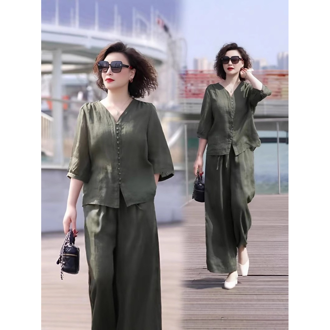 天丝麻套装2025新款夏季休闲韩版中年妈妈上衣领显阔腿裤两件套