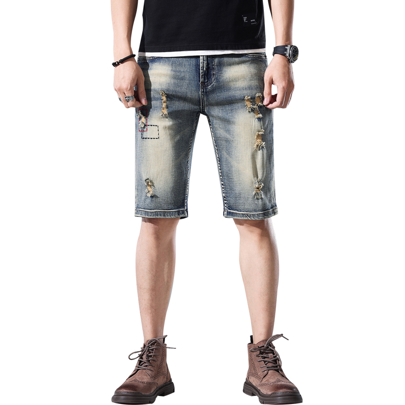 短裤夏季夏古破洞牛仔短裤男潮牌宽松五分裤直筒修身821
