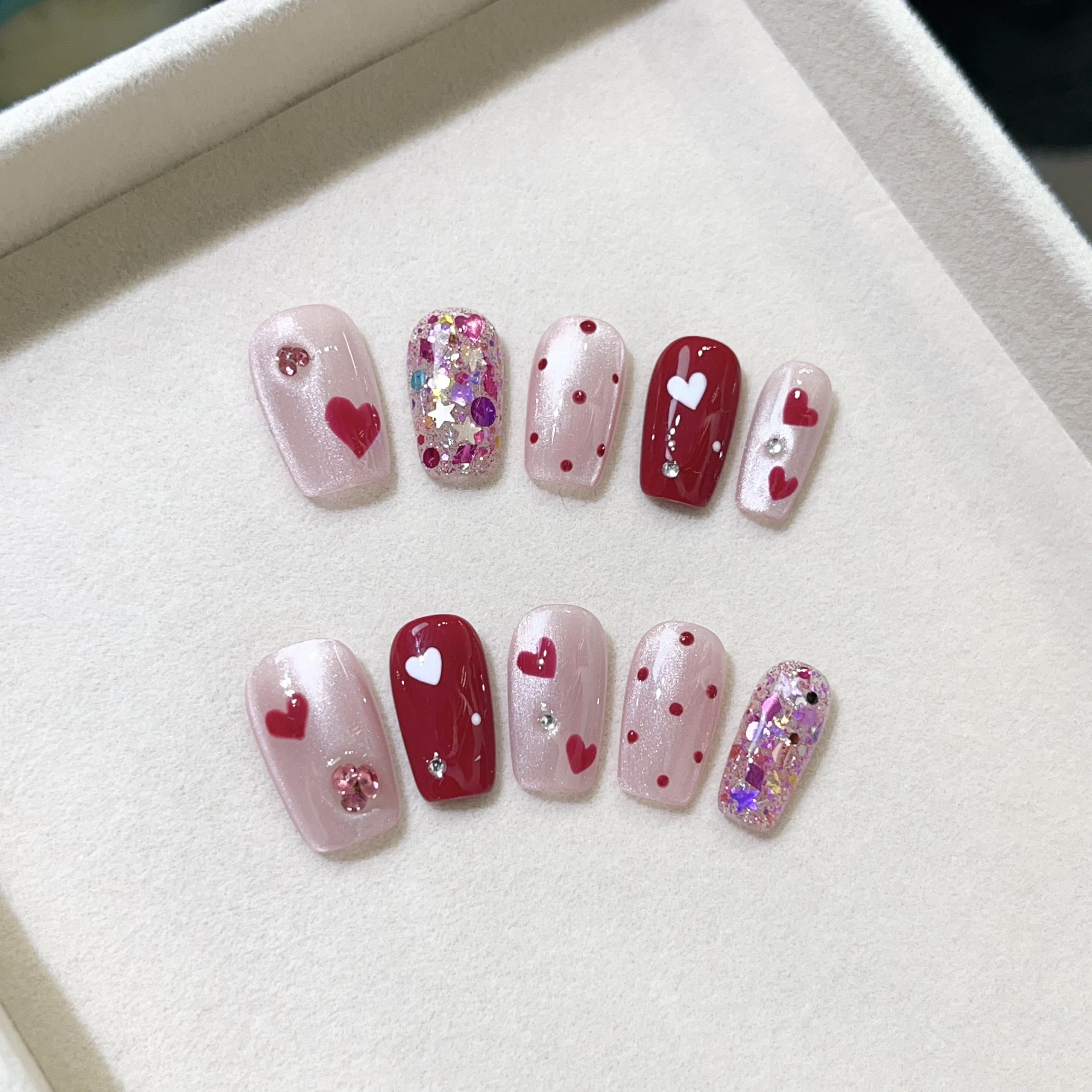 柒画定制款（中长方 19mm）海派甜心玫粉色闪片显白美甲手工穿戴甲