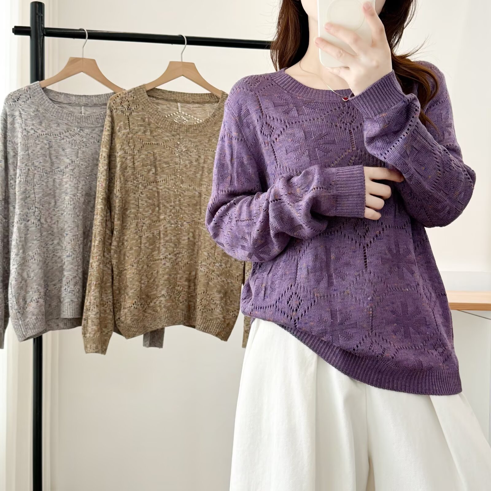 胖mm大码女装毛针织衫针织提花女针织衫毛衣秋季长袖时尚圆领