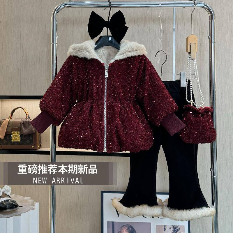 女童冬装棉服外套2025新款冬季加绒加厚红色小女孩洋气棉衣两件套