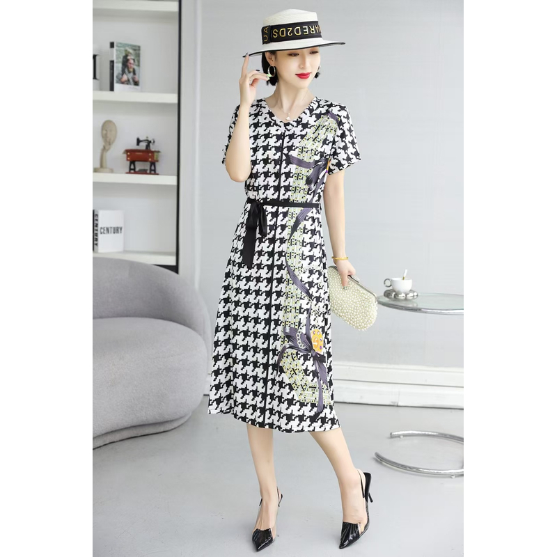 千鸟格夏季时尚轻奢亲肤透气中长款连衣裙