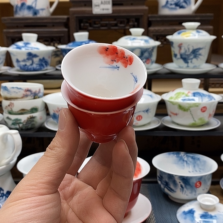 手绘微瑕红色杯2个装