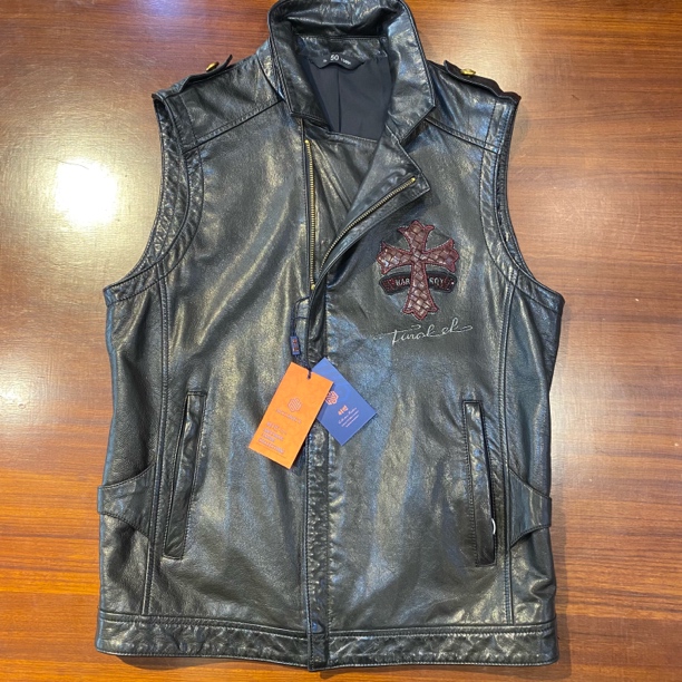 修身型做旧复古拉链立领黑色重工皮衣标准常规款男式水洗
