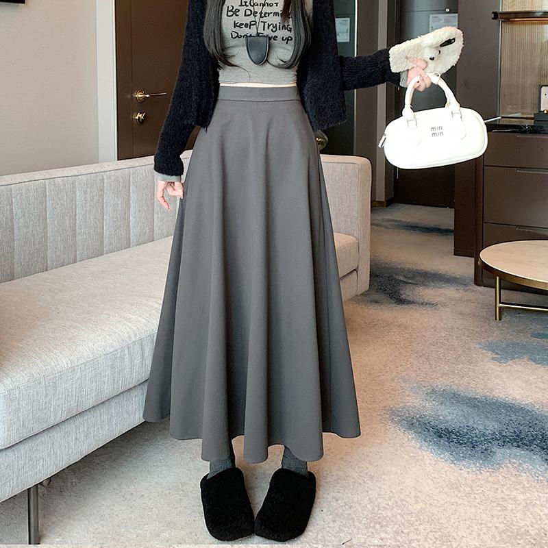 后妈裙灰色加厚毛呢半身裙女秋冬2024新款高腰显瘦西装a字伞裙长