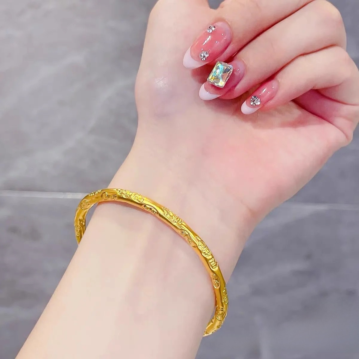 足银手镯 【中艺珠宝】开口圆条亮面吉言外包了金实心（面宽5.6MM