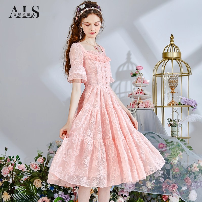2025夏季刺绣仙女裙粉色网纱公主裙子短袖中长连衣裙女HL008CH-1
