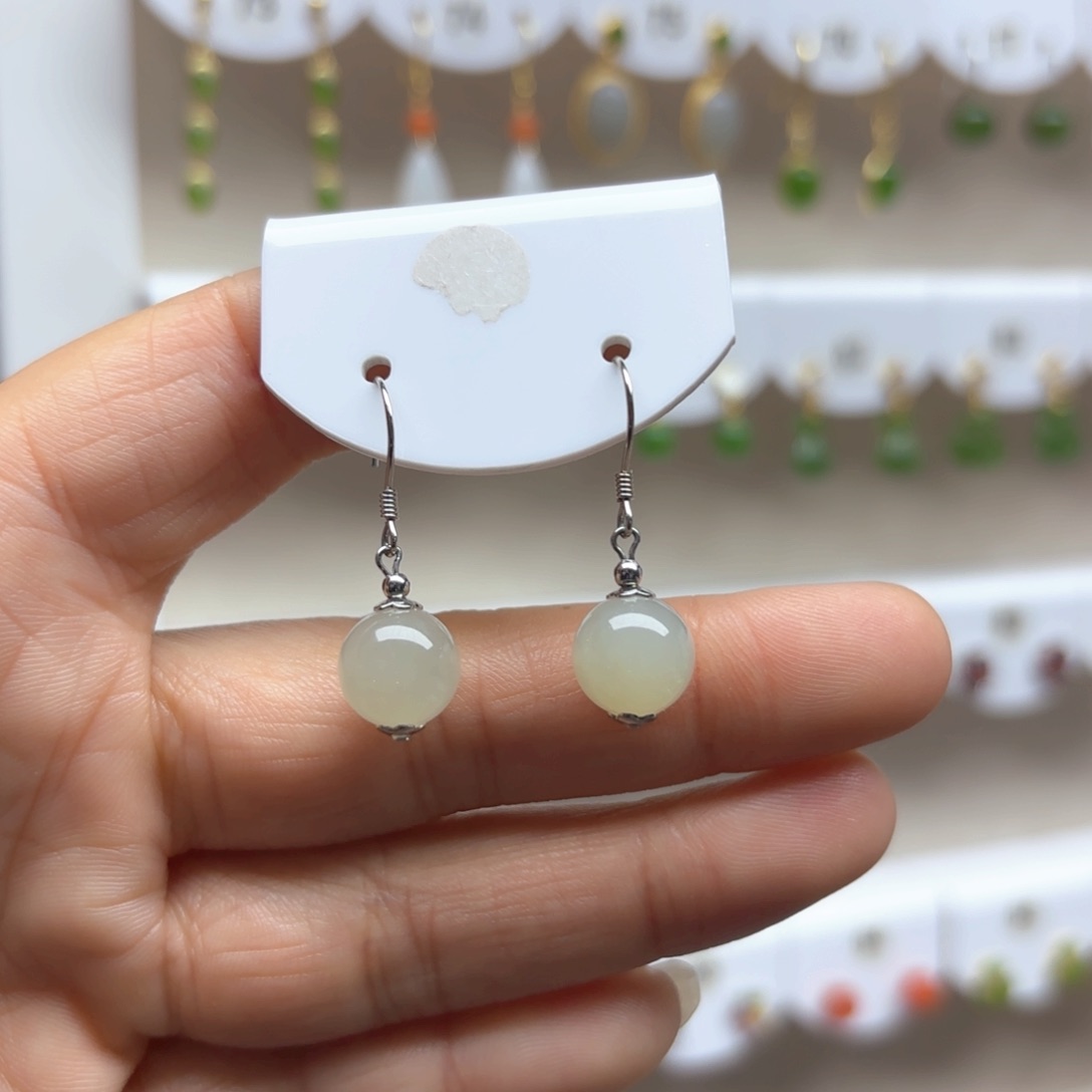 和田玉耳饰银S925镶嵌