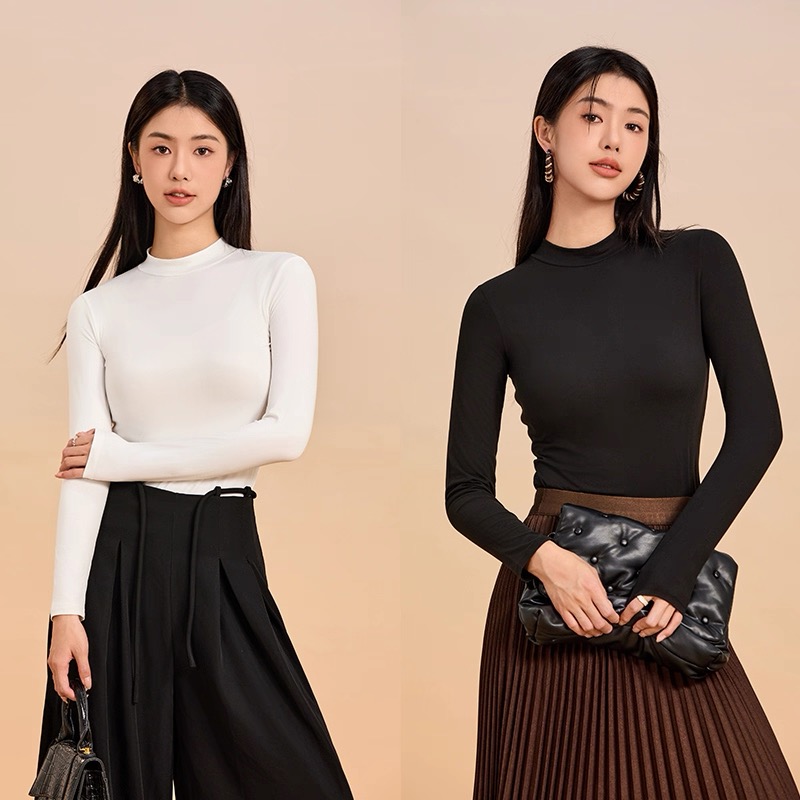 【两件装】秋冬季半高领长袖打底衫内搭百搭外穿简约纯色女t恤上衣