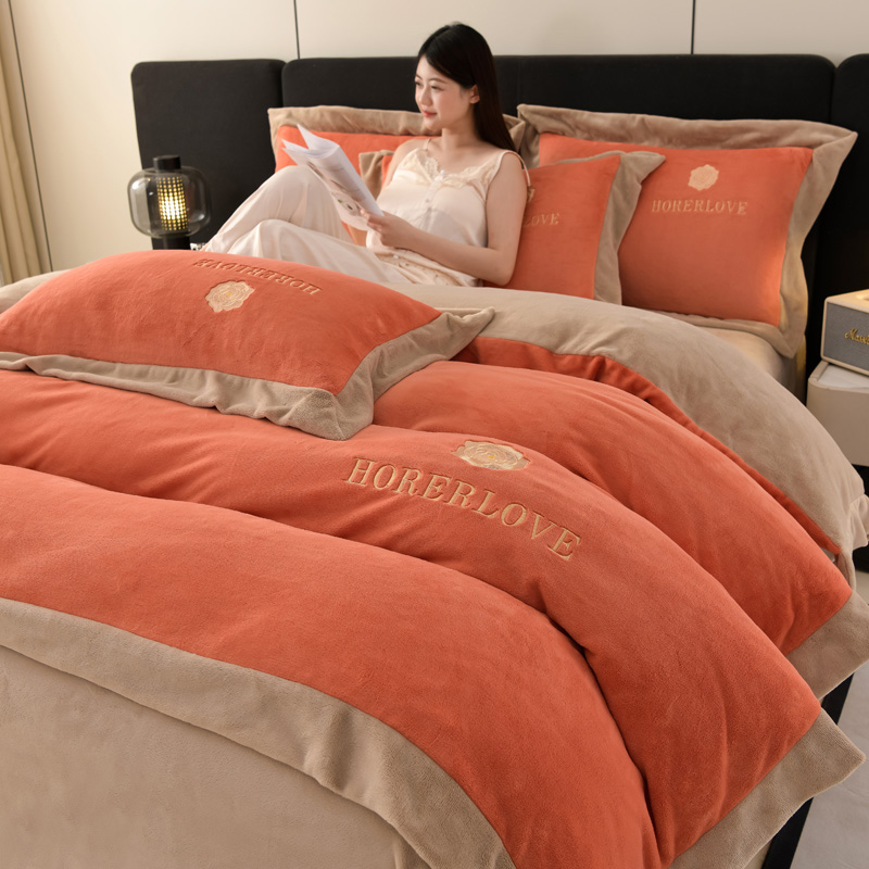 富安娜轻奢加厚牛奶绒四件套冬季珊瑚绒法式双面加绒刺绣被套床单