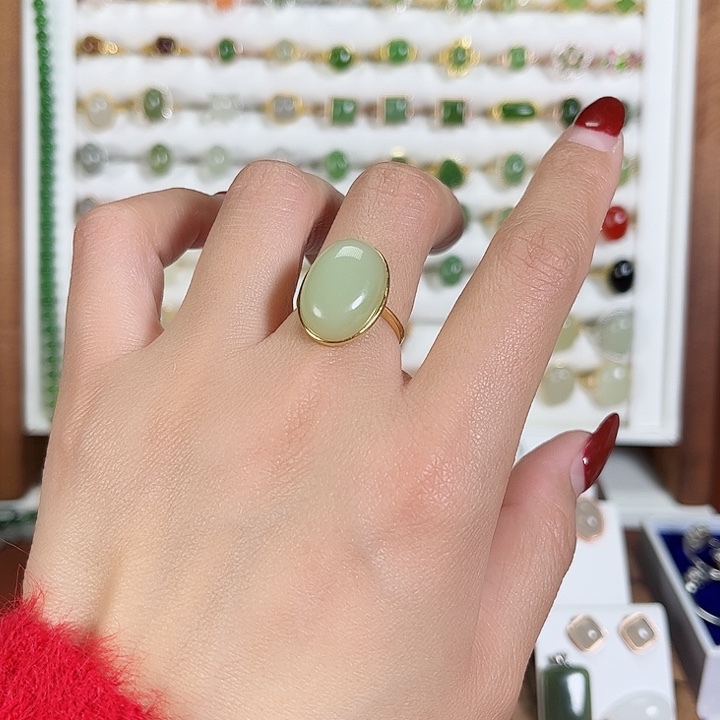 和田玉戒指银S925镀金镶嵌