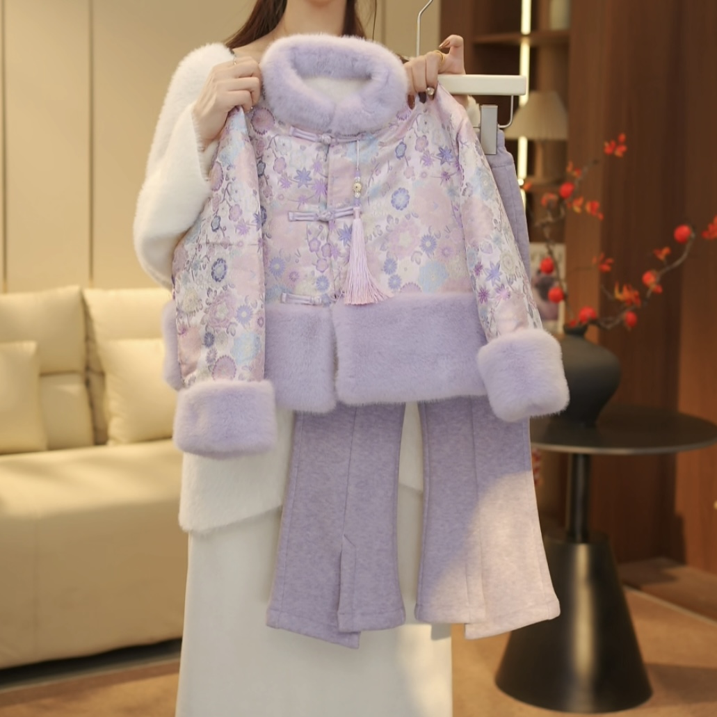 boboe/波波鹅女童冬季中国风加绒套装新中式上衣+套装--Y6355