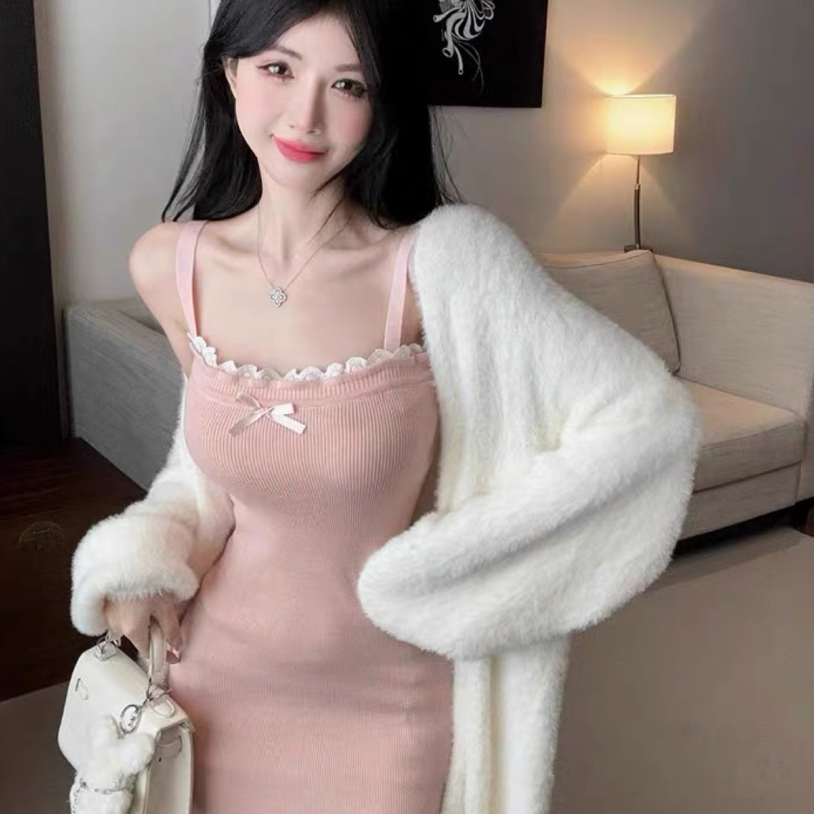 古奈家纯欲修身蝴蝶结显瘦针织吊带连衣裙