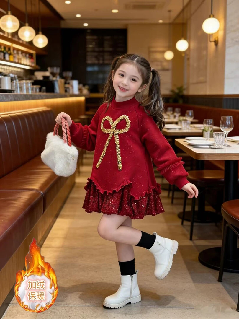 女童加绒连衣裙2025冬季公主红色喜庆洋气儿童花苞亮片拼接裙子潮