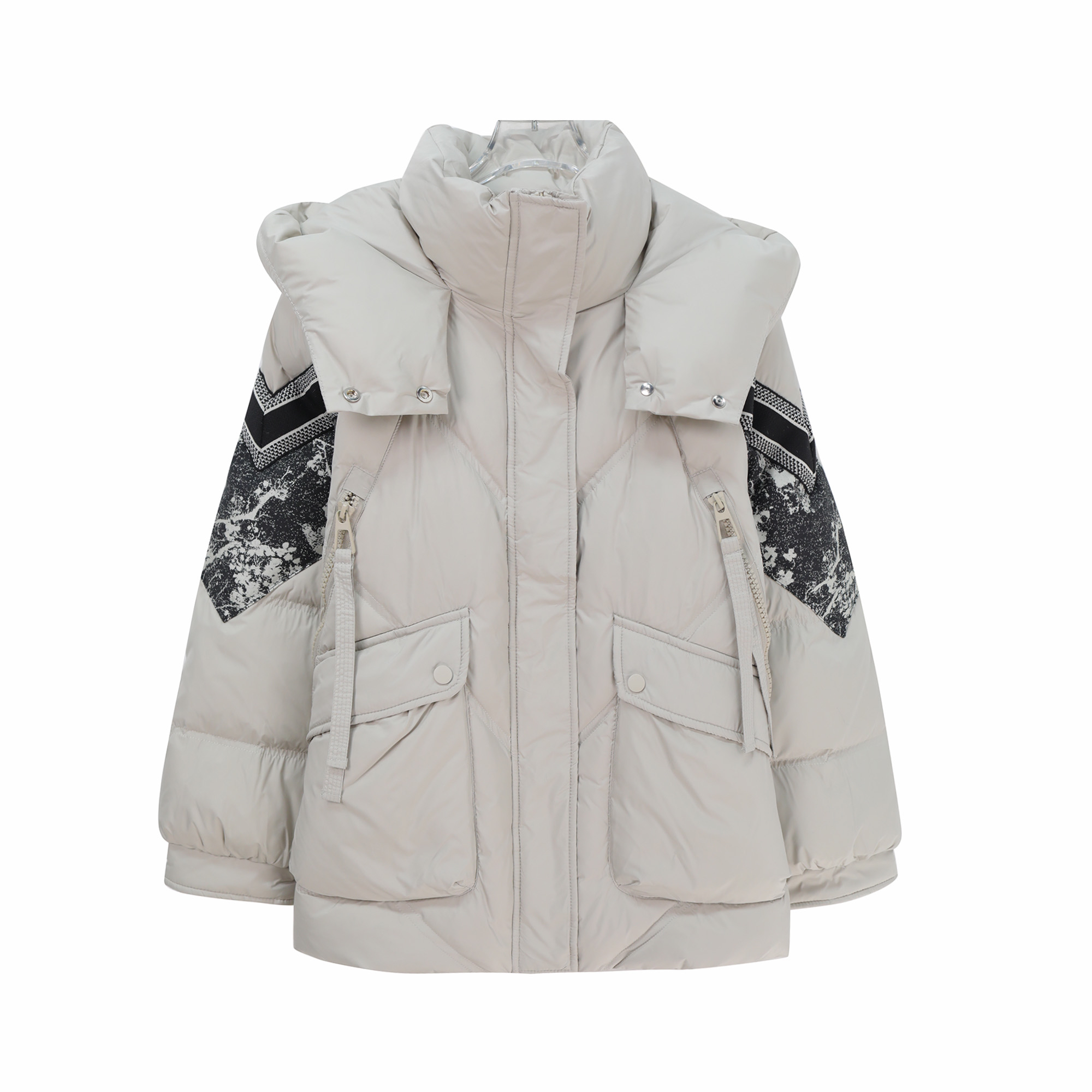 冬季时尚水墨画拼接袖休闲连帽大口袋羽绒服外套U253