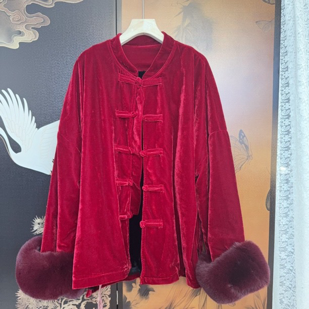 【禅囍】大码秋冬新中式复古中国风加棉加厚盘扣丝绒外套上衣