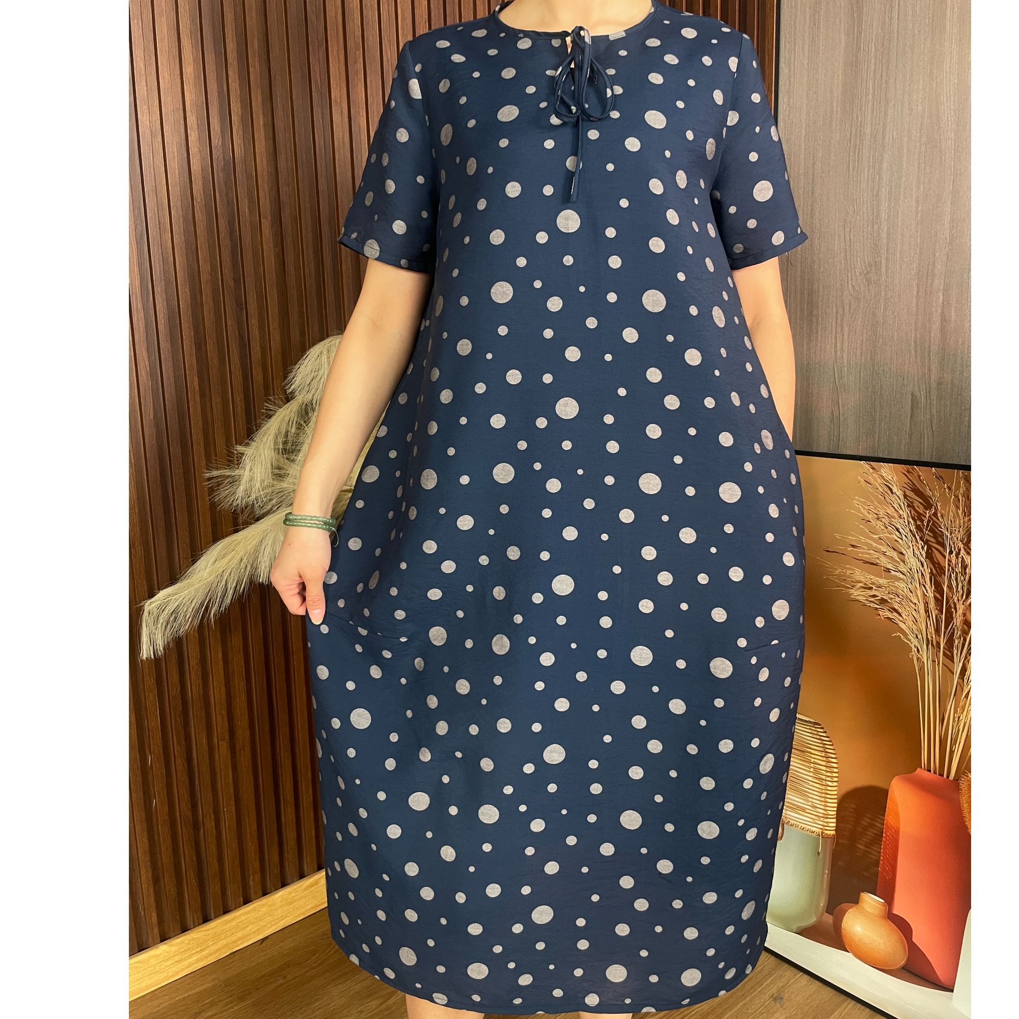 夏季短袖连衣裙蓝色波点舒服透气大码妈妈装