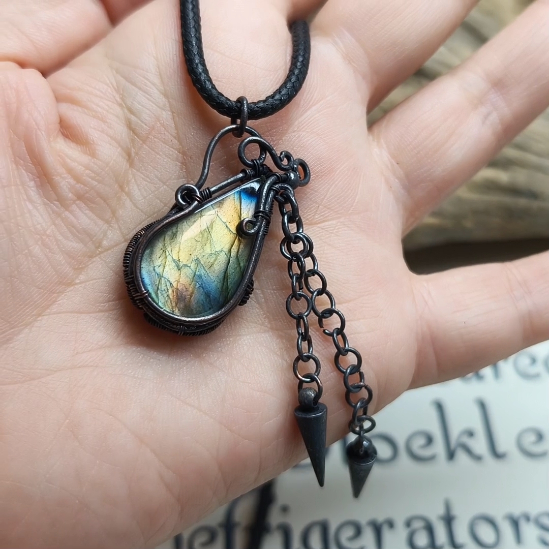 月光石/天河石/长石（处理）纯手工制做紫铜做旧个性吊坠92