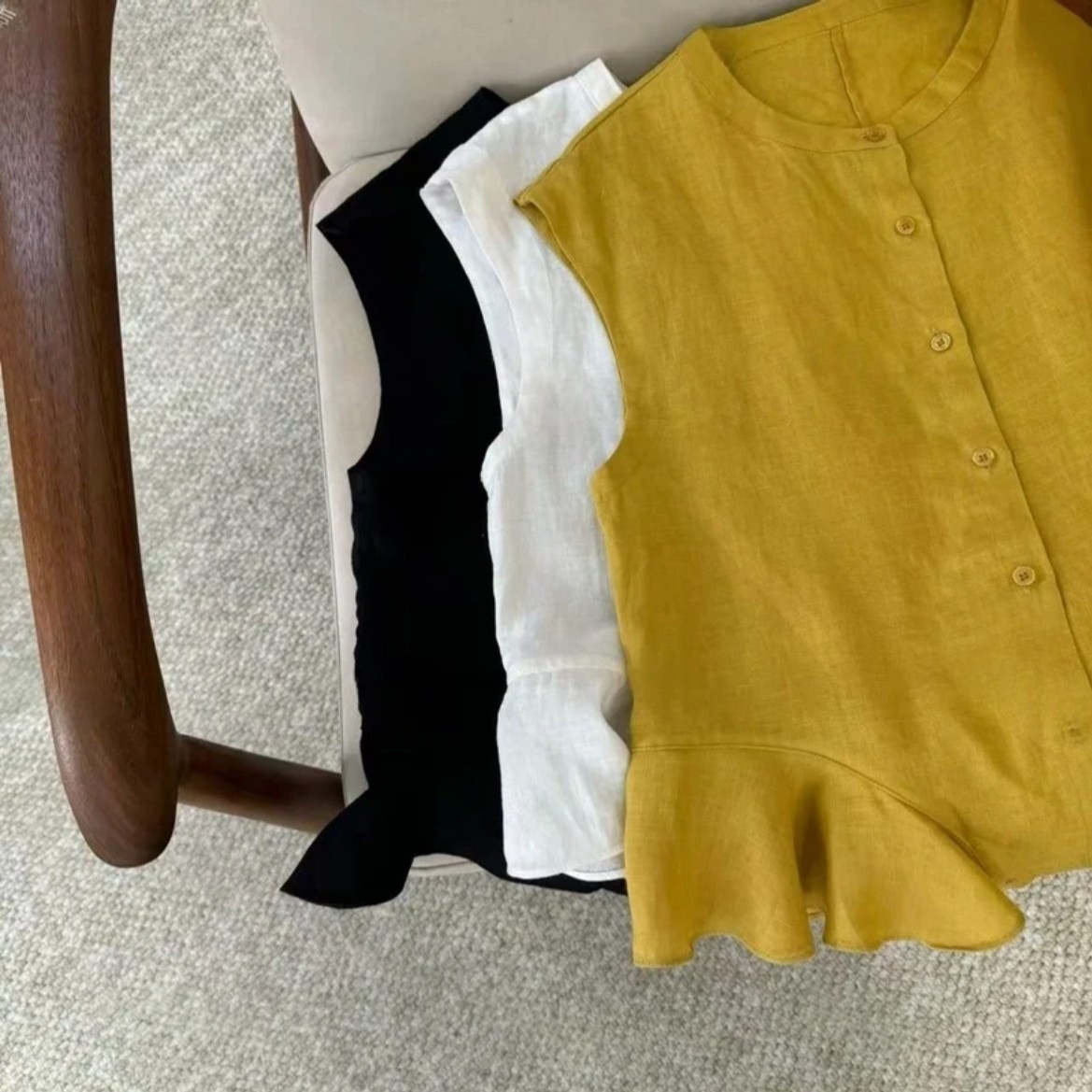 纯棉夏季新款衬衫韩版时尚圆领无袖背心女宽松显示小衫上衣