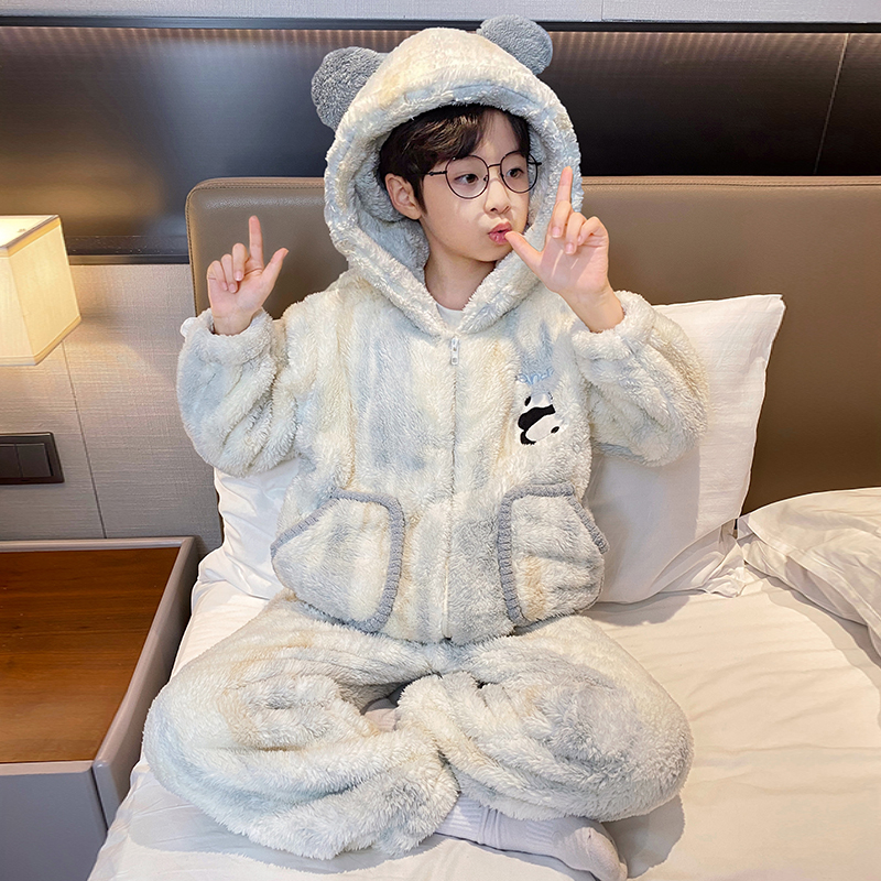 儿童珊瑚绒冬季男童睡衣新款法兰绒加绒加厚中大童男孩保暖家居服