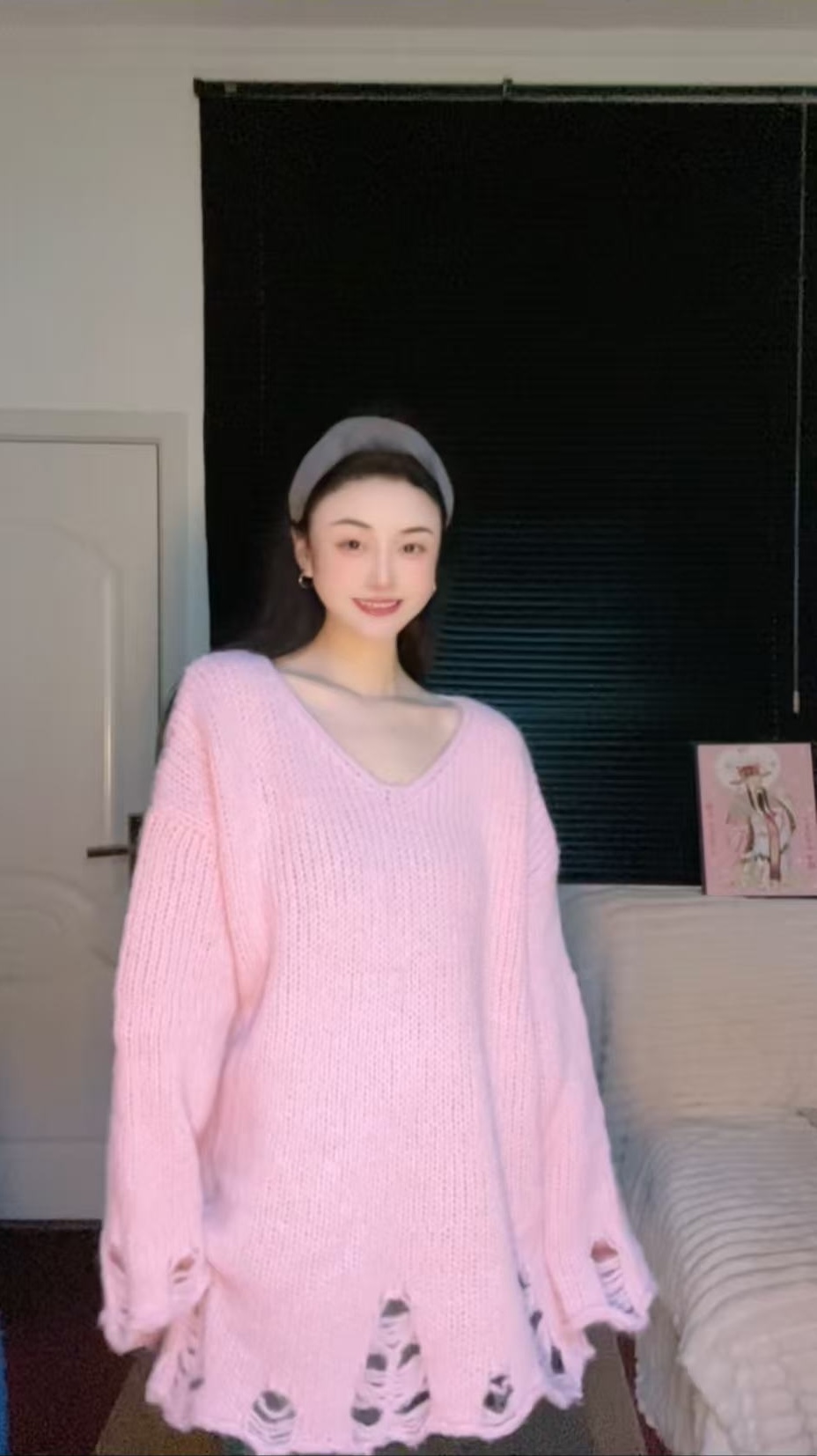 复古毛衣大码女装秋装宽松韩系早秋慵懒风上衣中长款破洞针织衫