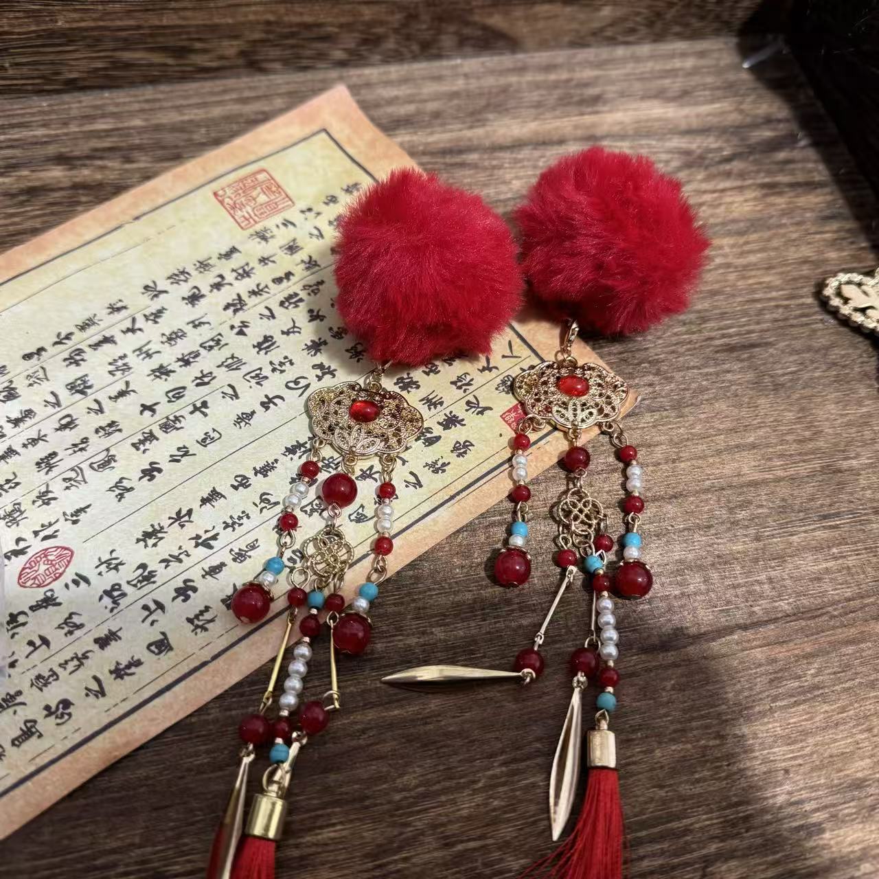 红毛球二号流苏发夹。前尘梦古风汉服配饰