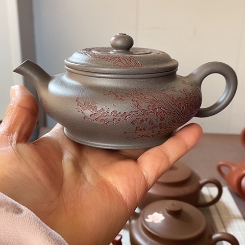 紫砂茶壶原矿天青，虚扁，200 c c