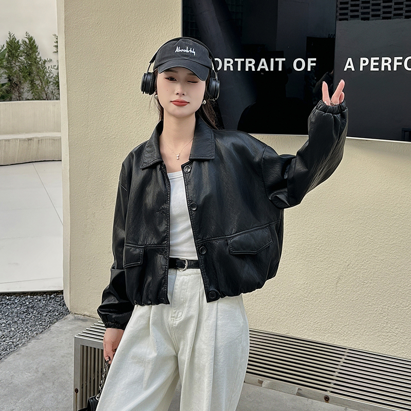 美式复古酷飒风皮衣女外套短款春秋宽松百搭黑色工装PU皮机车夹克