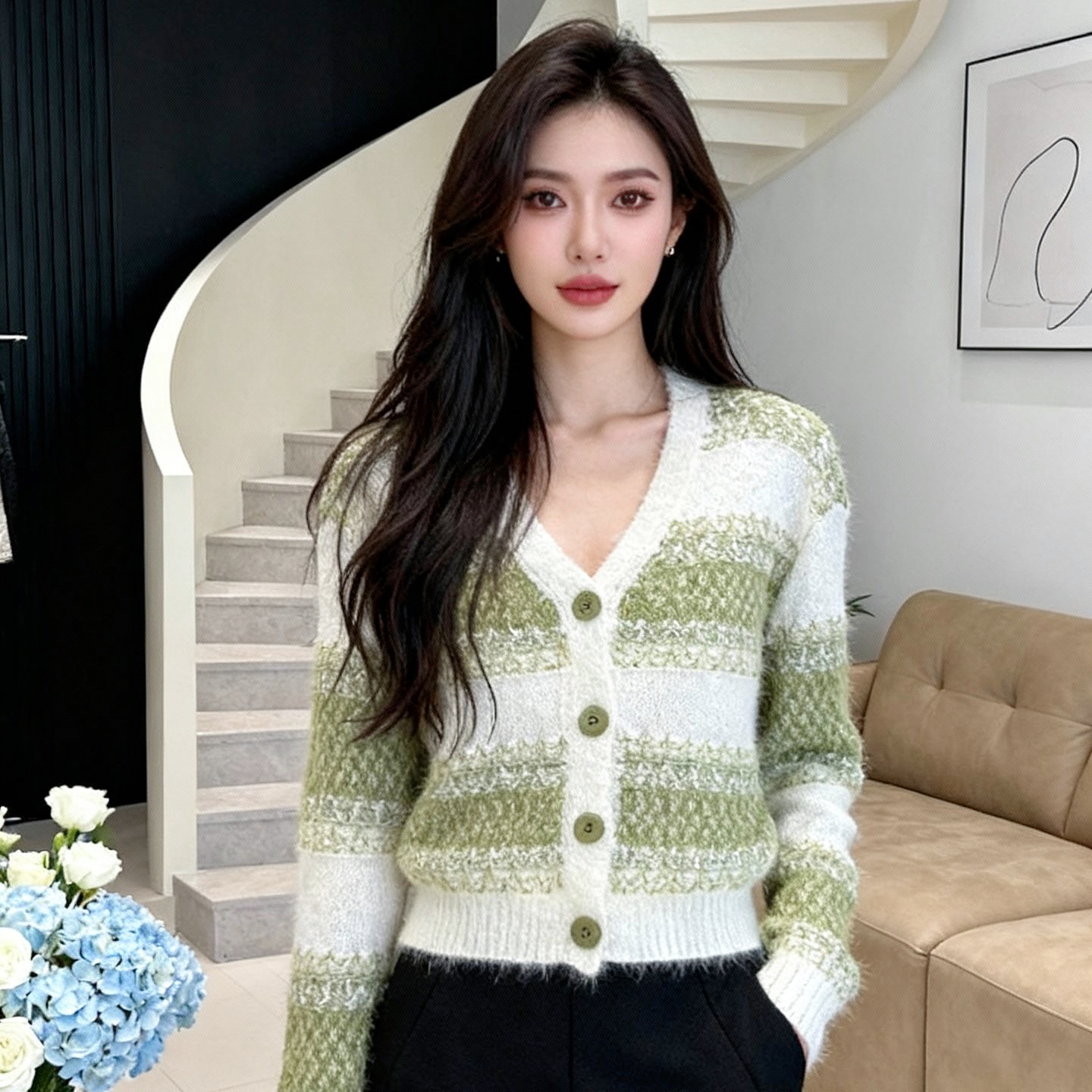 秋冬新款长袖毛针织衫通勤风毛绒袖小香风宽松短款C1912