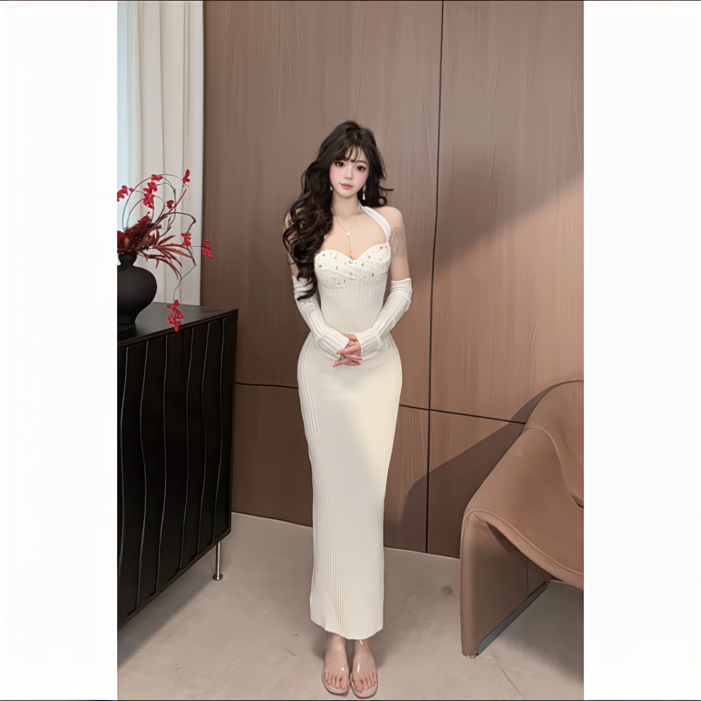 【希腊神女】秋冬新款修身显瘦别致法式重工镶钻吊带裙毛织连衣裙女