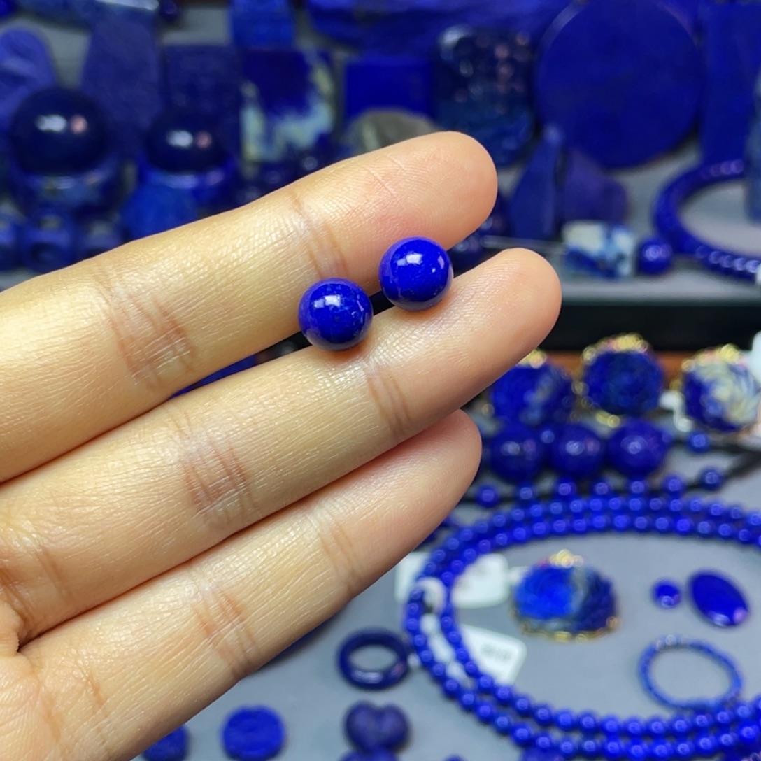 青金石银S925镶嵌8mm耳饰