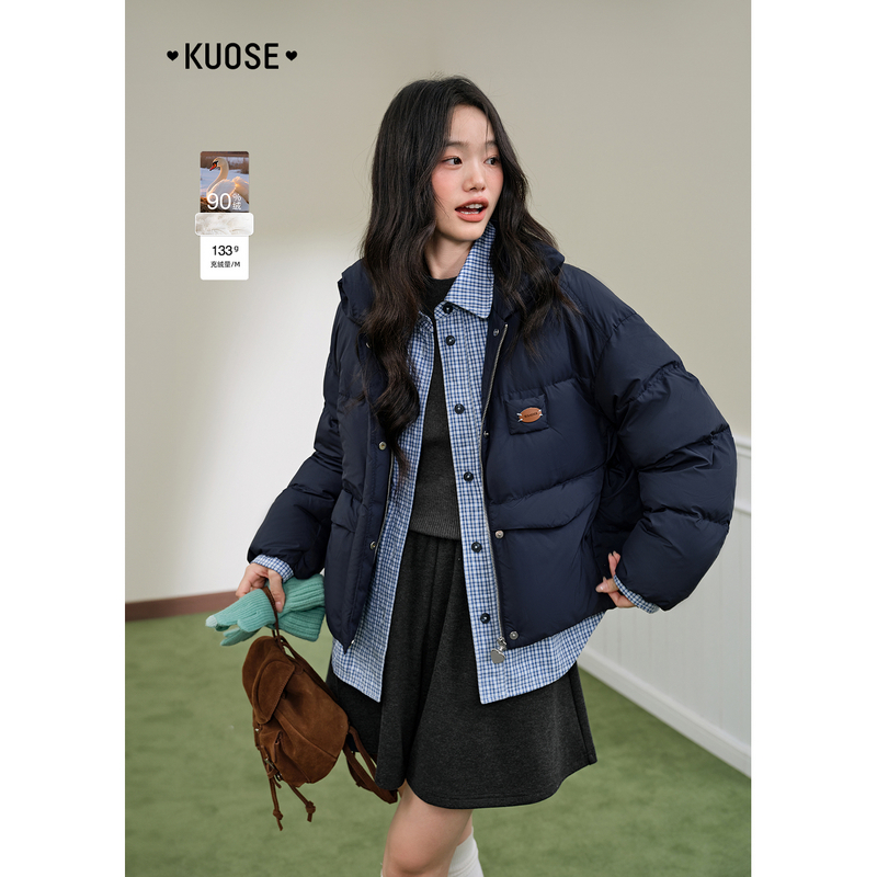 阔色假两件衬衫拼接羽绒服翻领2025秋冬女休闲格子上衣KSY2510002