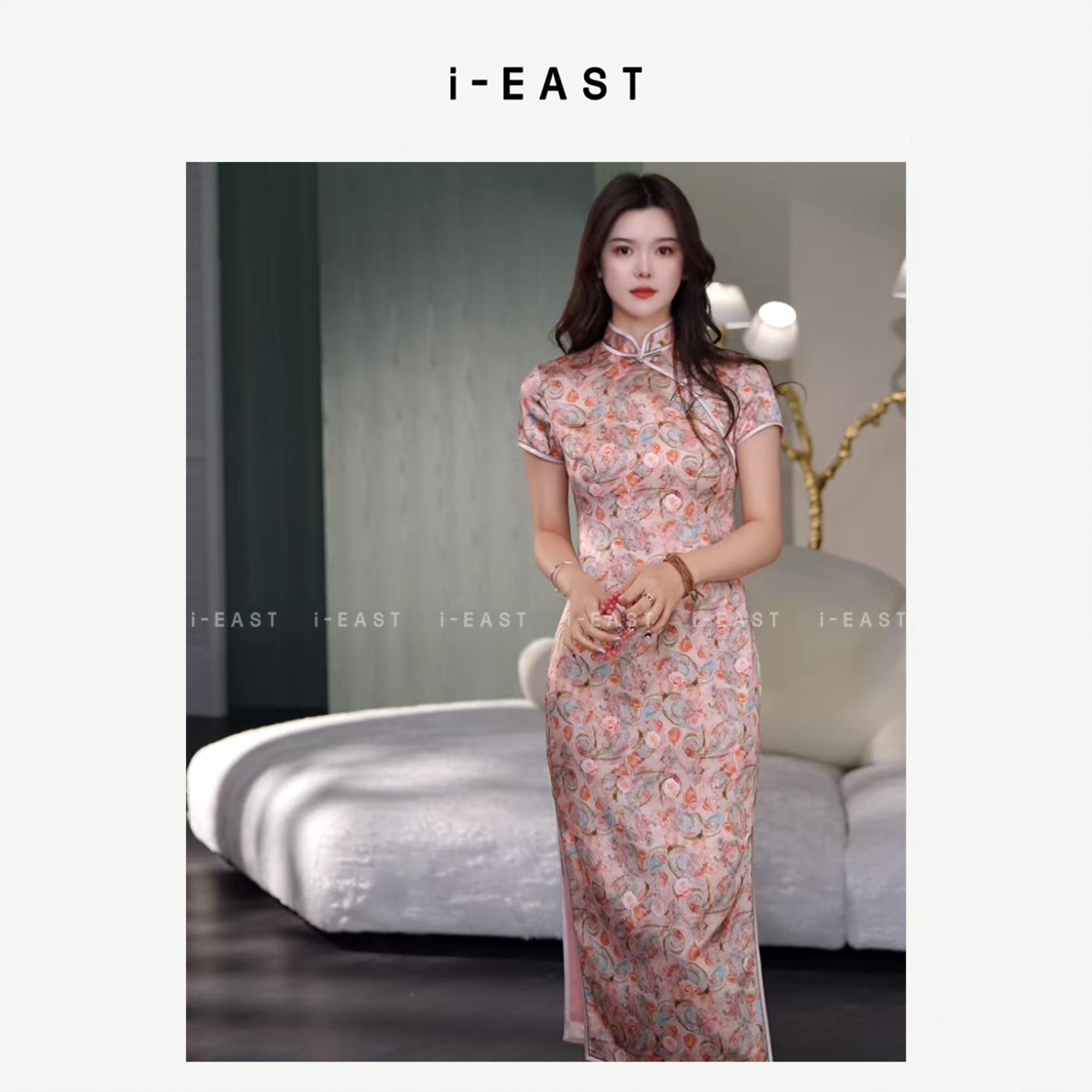 i-EAST 牡丹人鱼~新中式斜襟花朵短袖旗袍裙-5X GF5449