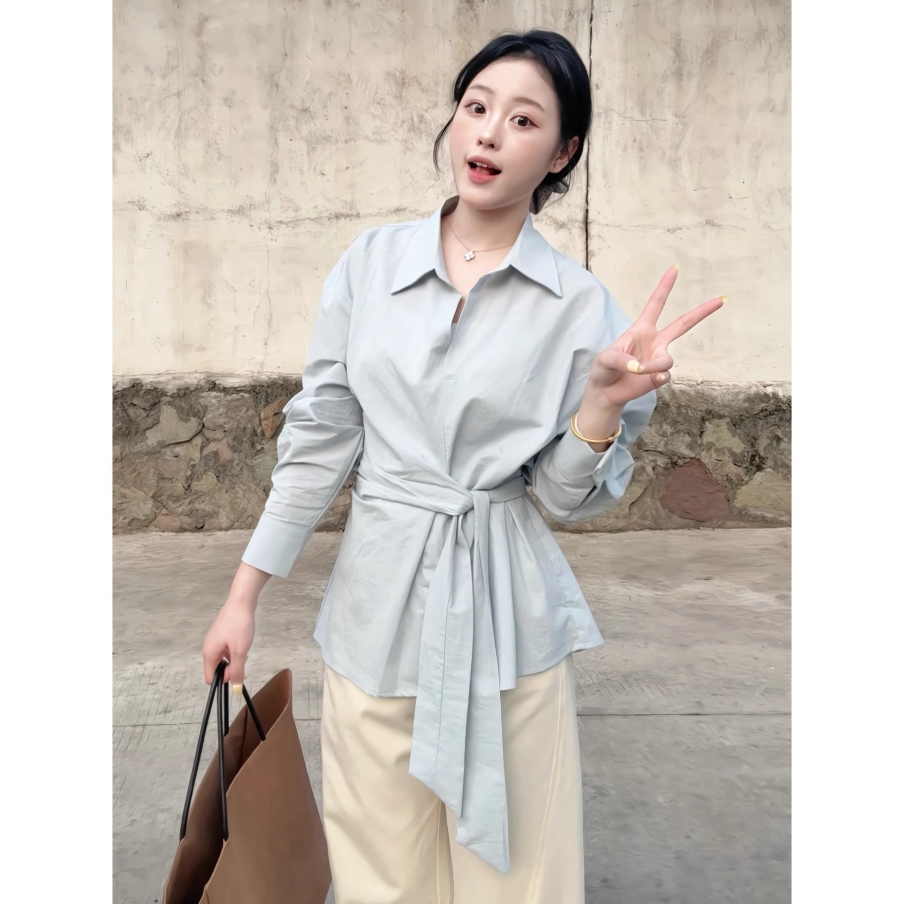 大码胖mm设计感长袖衬衫女春夏新款收腰显瘦气质叠穿衬衣减龄上衣