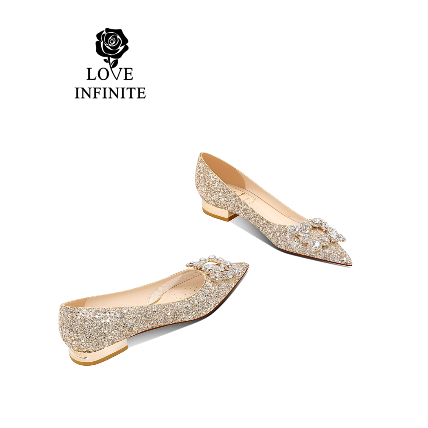 无限爱意百搭尖头高级感平底高跟鞋礼服香槟色精美单鞋新娘婚鞋女