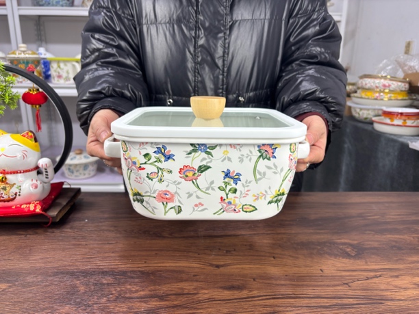 22厘米家用珐琅搪瓷特厚方形汤锅双耳珐琅锅加厚炖锅带盖新款